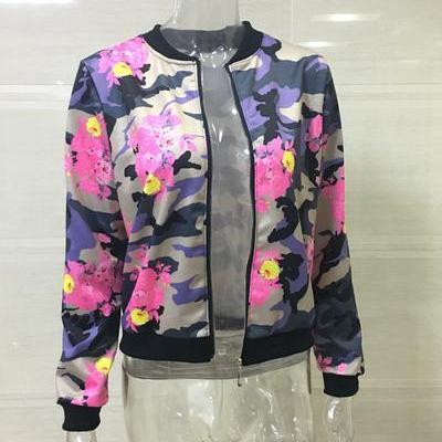 Flowers Camouflage Stand Collar Zip..