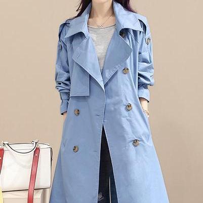 Double Breasted Lapel Collar Pockets Long Coat
