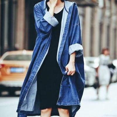 Loose Pure Color Hooded Long Over-knee Coat