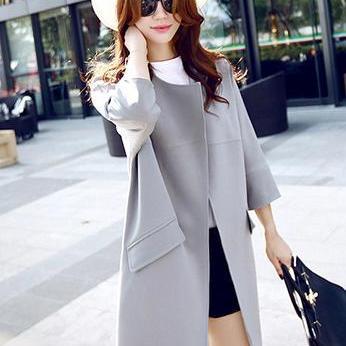 Pure Color 3/4 Sleeves Loose Scoop Pockets Long..