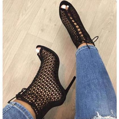 Cut Out Lace Up Peep Toe Stiletto High Heels Short..