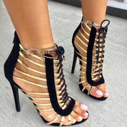 Straps Hollow Out Lace Up Open Toe Stiletto Heels..