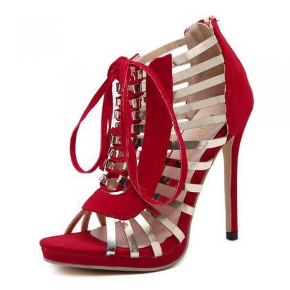 Straps Hollow Out Lace Up Open Toe Stiletto Heels..