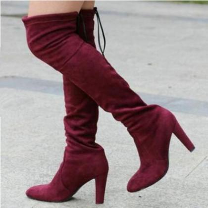 Faux Suede Rounded-toe Over-the-knee Chunky Heel..