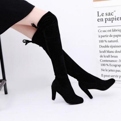 Faux Suede Rounded-toe Over-the-knee Chunky Heel..
