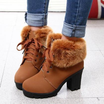 British Style Faux Fur Decorate Chunky Heel Short..