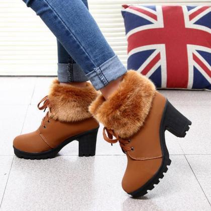 British Style Faux Fur Decorate Chunky Heel Short..