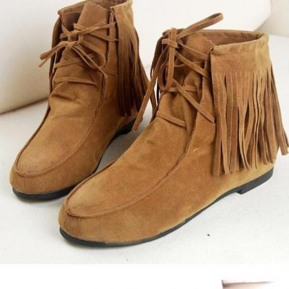 Tassels Round Toe Lace Up Short Flat Boots
