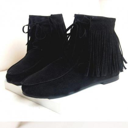 Tassels Round Toe Lace Up Short Flat Boots