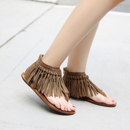 Tassels Slip-on Flat Back Zipper Sandals