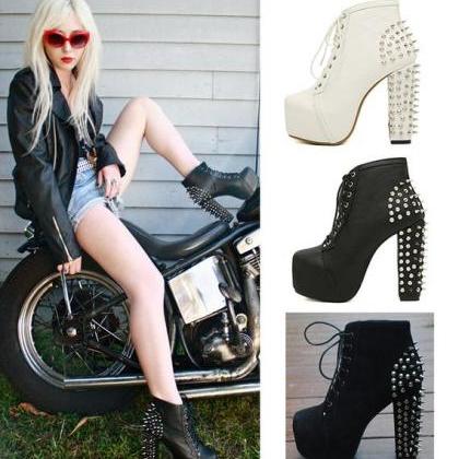 Round Toe Lace Up Rivets Short Boots Heels