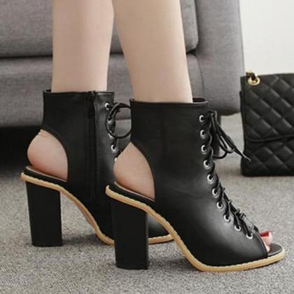 Roman Style Peep Toe Cut Out Lace Up Chunky High..