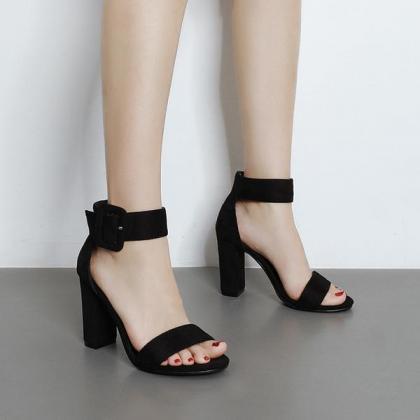 Pure Color Open Toe Ankle Wrap Chunky High Heels..
