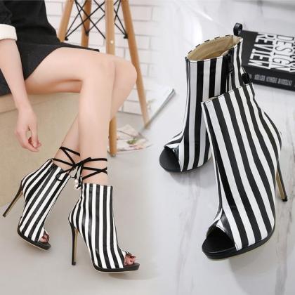 Stripes Peep-toe Short Boot Stiletto High Heels..