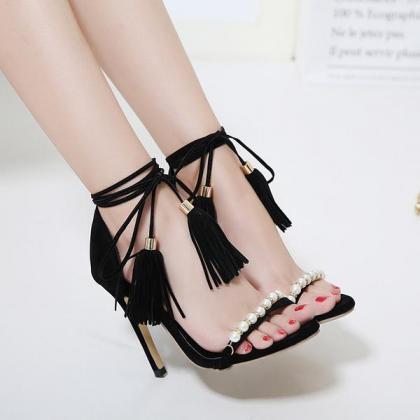 Faux Suede Pearl Embellished Open-toe Lace-up High..