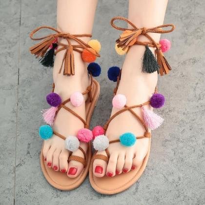 Colorful Ball Decorate Slip-on Tassels Lace Up..