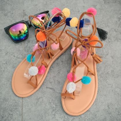 Colorful Ball Decorate Slip-on Tassels Lace Up..