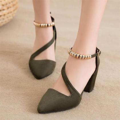 Pointed Toe Ankle Beadings Wrap Low Chunky Heels..