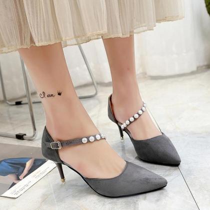 Faux Suede Pointed-toe Pearl Embellished Ankle..