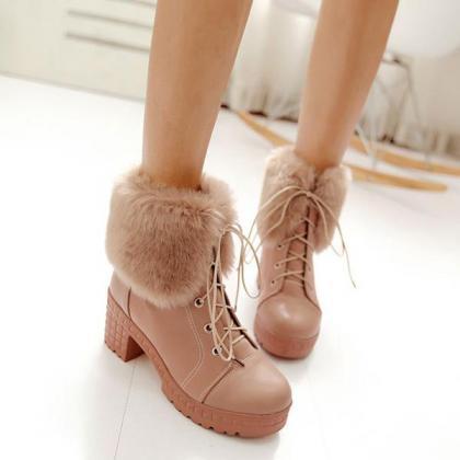 Curled Edge Faux Fur Lace Up Low Chunky Heels..