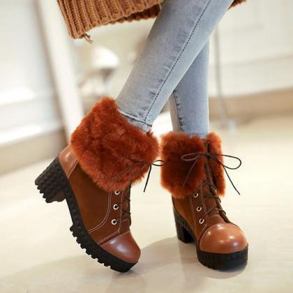 Curled Edge Faux Fur Lace Up Low Chunky Heels..