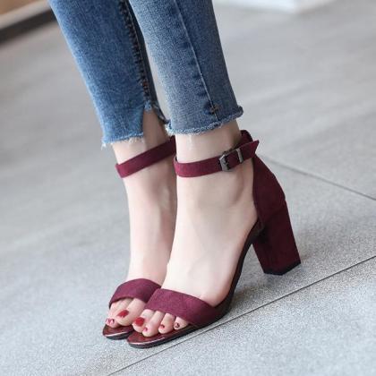 Suede Open Toe Ankle Wrap Chunky High Heels..