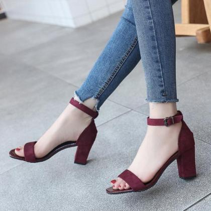 Suede Open Toe Ankle Wrap Chunky High Heels..