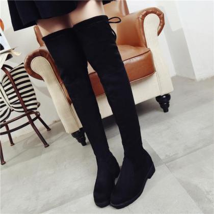 Back Lace Up Round Toe Flat Over-knee Long Boots