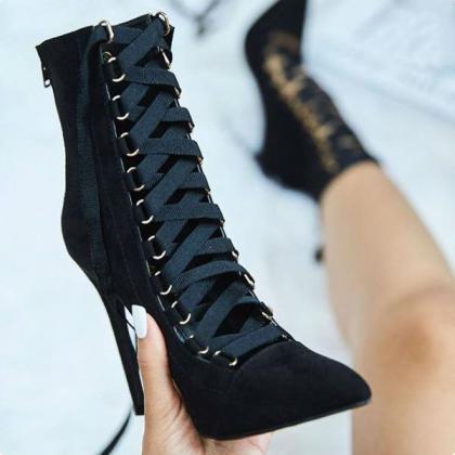 Faux Suede Pointed-toe Lace-up Mid-calf High Heel..