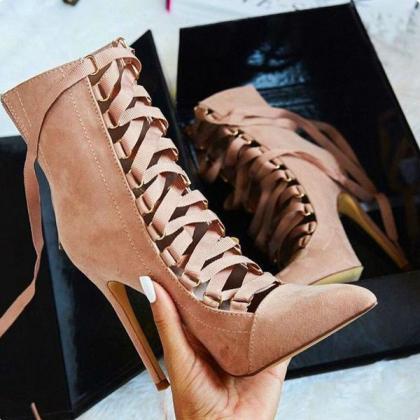 Faux Suede Pointed-toe Lace-up Mid-calf High Heel..