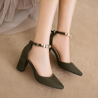 Beadings Ankle Wrap Pointed Toe Low Cut Low Chunky..