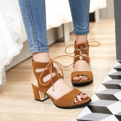 Peep Toe Lace Up Straps Low Chunky ..