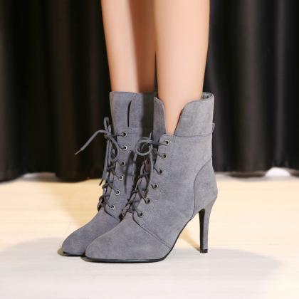 Pointed Toe Lace Up Solid Color Short High Heels..