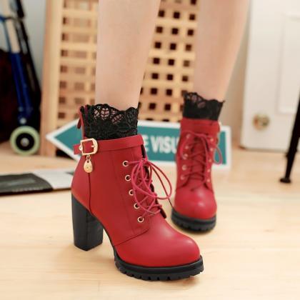 Lace Patchwork Lace Up Round Toe Middle Chunky..