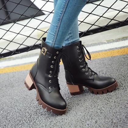 Lace Up Middle Chunky Heels Short Martin Boots