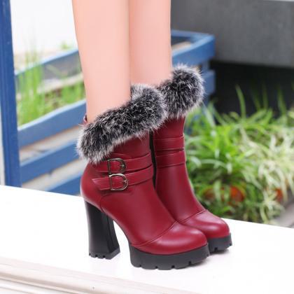 Faux Fur Decorate Hasp High Chunky Heels Short..