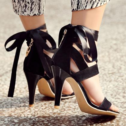 Open Toe Ankle Straps Lace Stiletto High Heels..