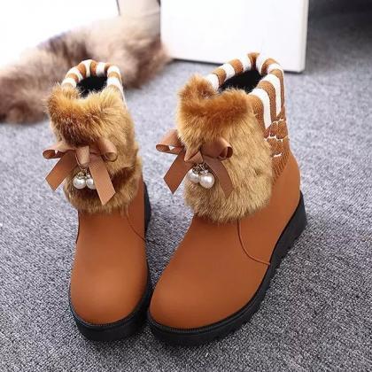Beads Faux Fur Decorate Round Toe Short Snow Boots