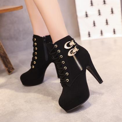 Lace Up Side Zipper Round Toe Stiletto High Heels..