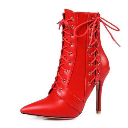 Lace Up Pointed Toe Stiletto High Heels Short..