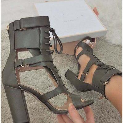 Lace Up Ankle Wraps Open Toe High Chunky Heels..