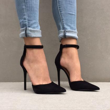 Color Block Pointed Toe Ankle Wrap Stiletto High..