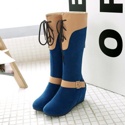 Color Block Round Toe Inside Heel Long Boots
