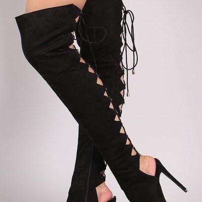 Back Lace Up Cut Out Peep Toe Over-knee Long Boot..