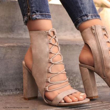Ankle Straps Cross Open Toe High Chunky Heels..