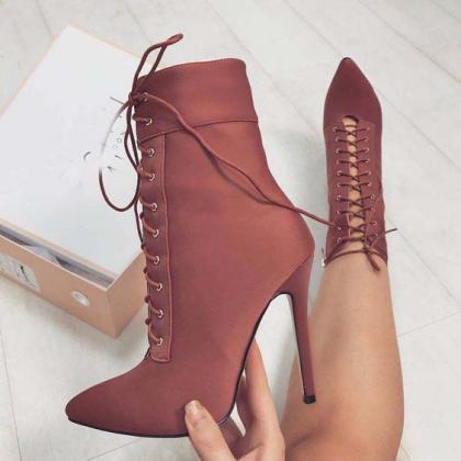 Faux Suede Lace-up Pointed-toe High Heel Mid-calf..