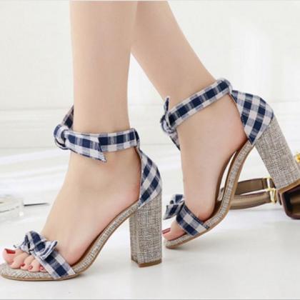 Plaid Bowknot Decorate Open Toe Ankle Wraps High..