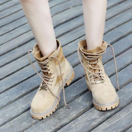 Retro Round Toe Lace Up Low Chunky Heels Short..