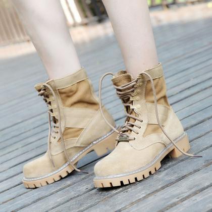 Retro Round Toe Lace Up Low Chunky Heels Short..