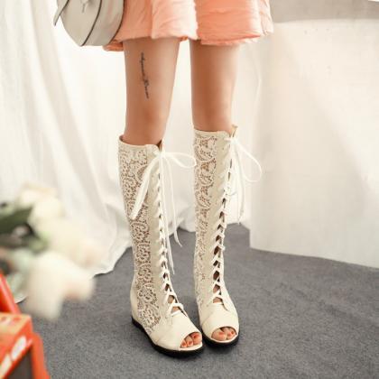 Lace Hollow Out Peep Toe Lace Up Long Boot Sandals